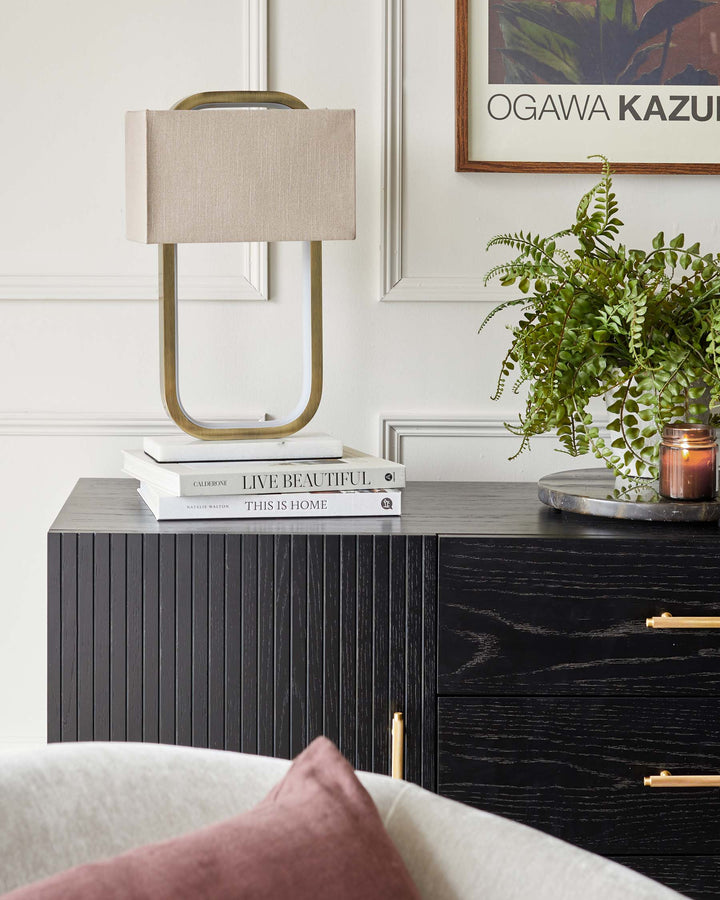 Elegant black wooden sideboard with vertical grooves and brass handles, adorned with books, a framed picture, a table lamp with a beige shade and brass base, and a potted fern.