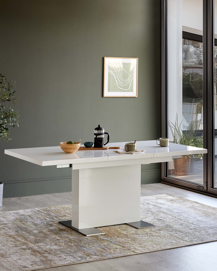 A glossy white extending dining table with a central pedestal base on a patterned rug in front of a large window.