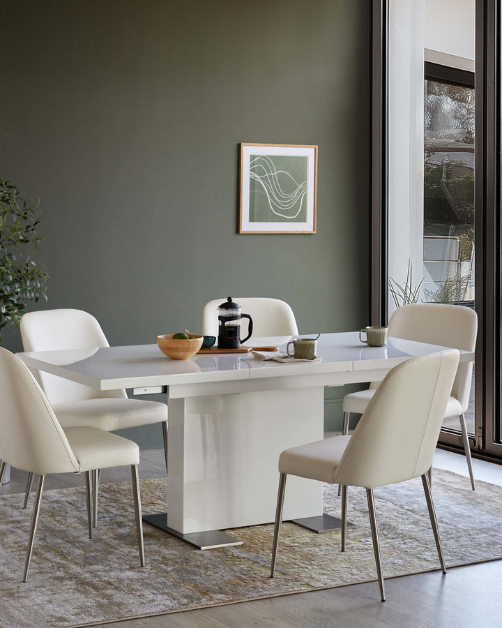 Dining area featuring a modern white table with four chairs and an abstract framed print on a dark green wall.