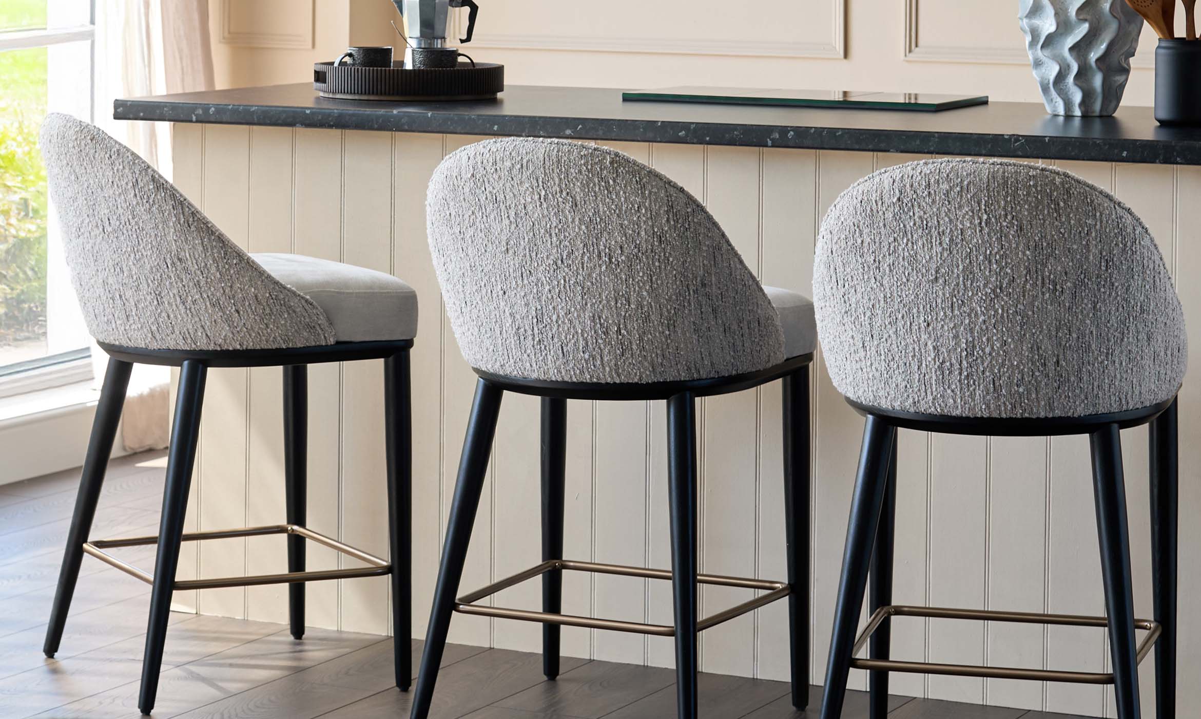 Scarlett cream boucle and natural grey chenille bar stool