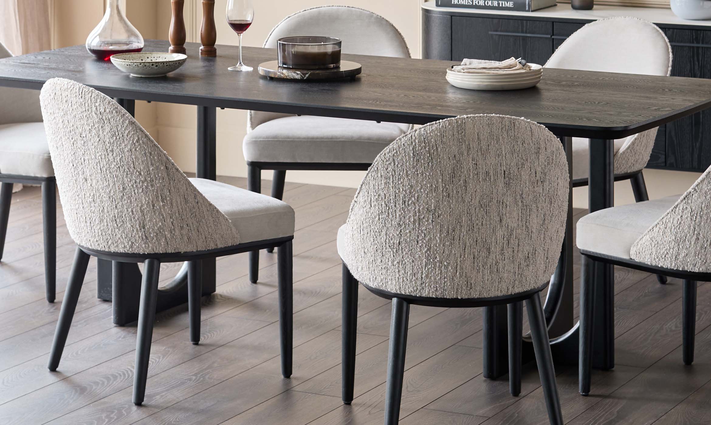 Scarlett cream boucle and natural grey chenille dining chair