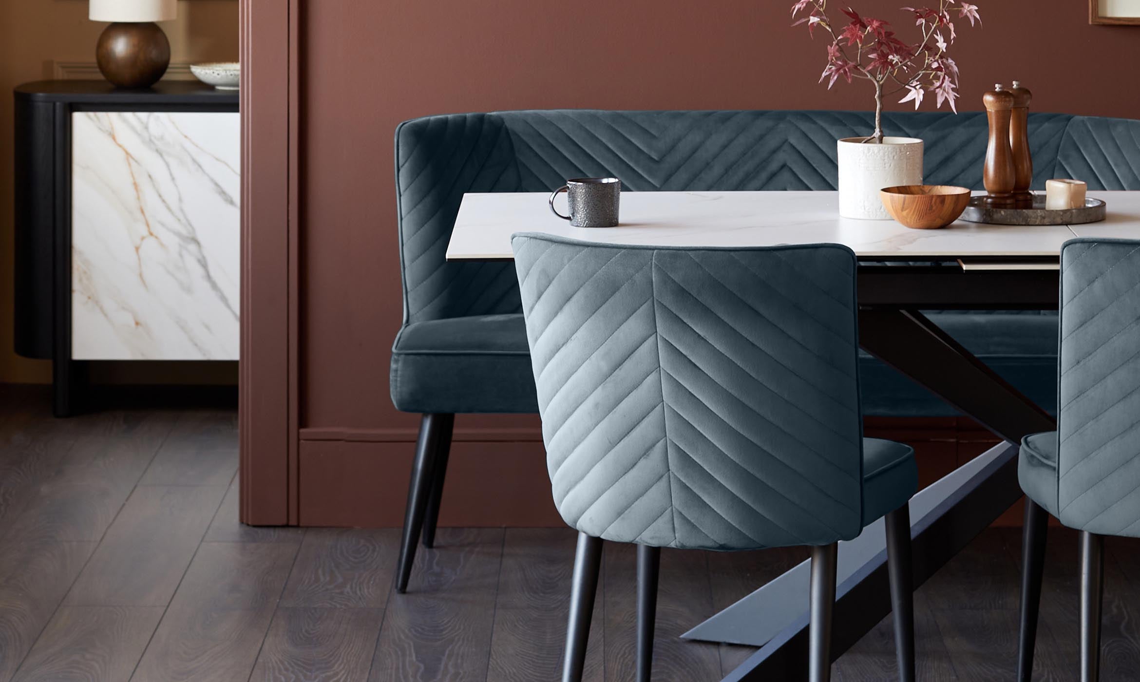 Serena blue grey velvet 3 seater dining bench