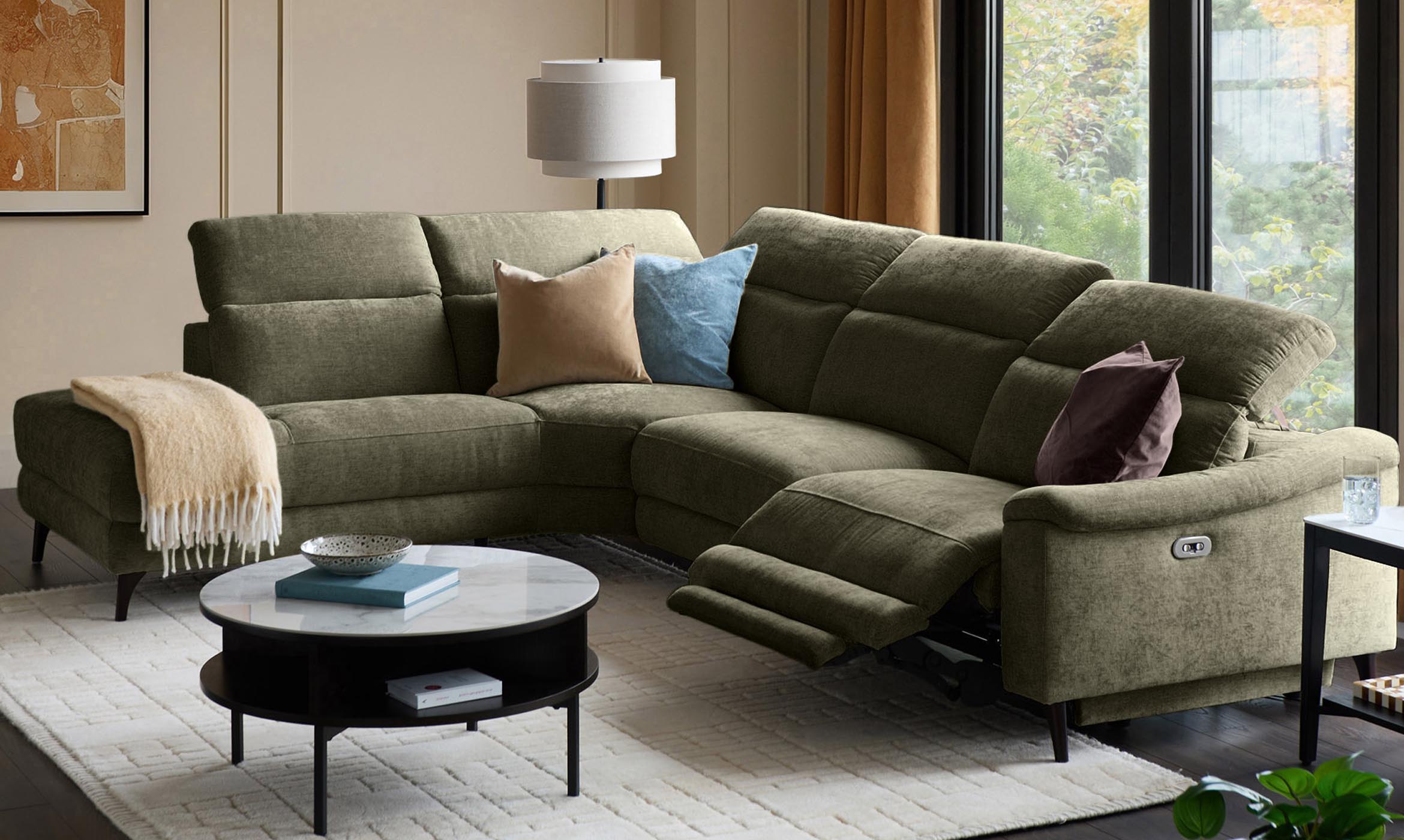 Serene dark green fabric large left hand corner chaise recliner sofa