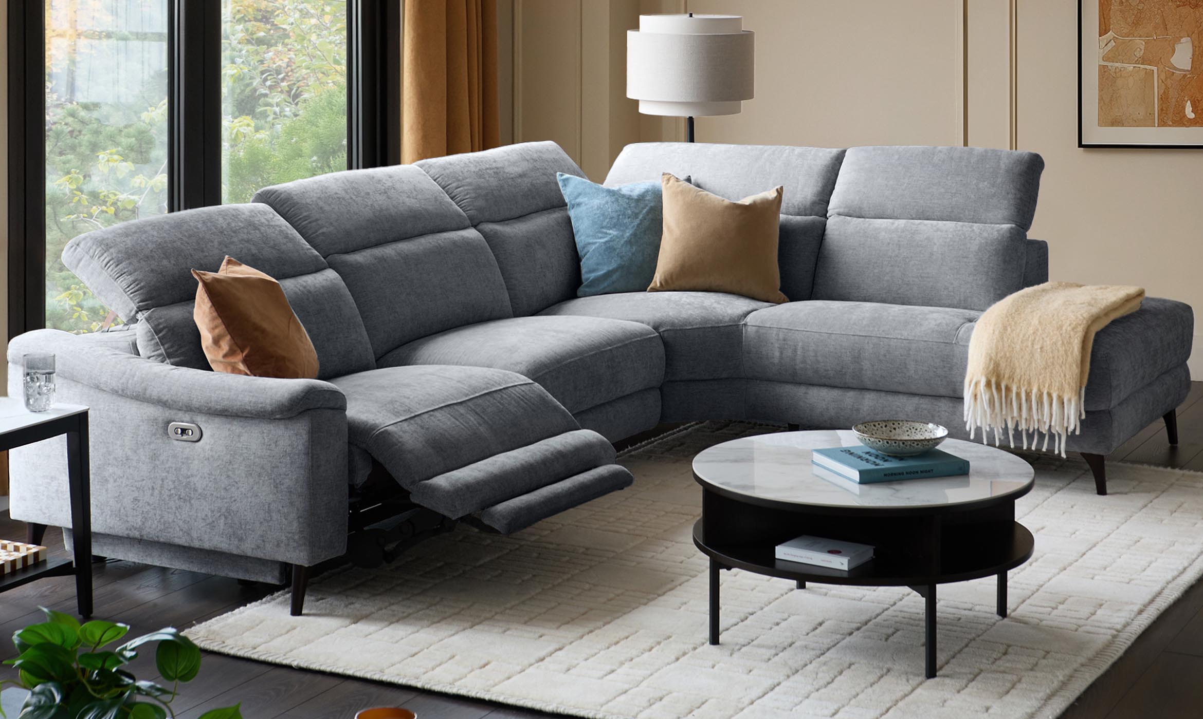 Serene blue grey chenille right hand corner chaise recliner sofa