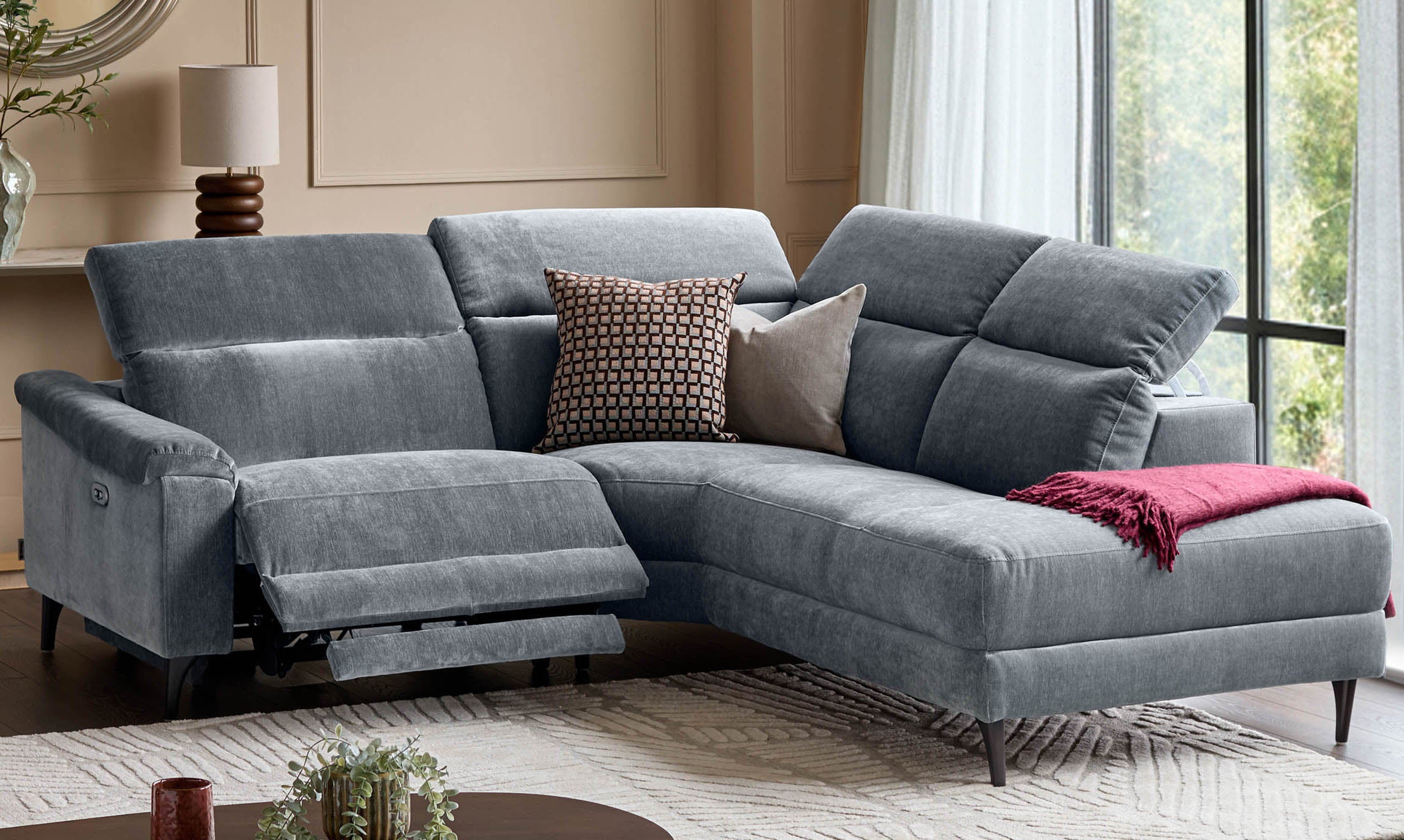 Serene blue grey fabric small right hand corner chaise recliner sofa