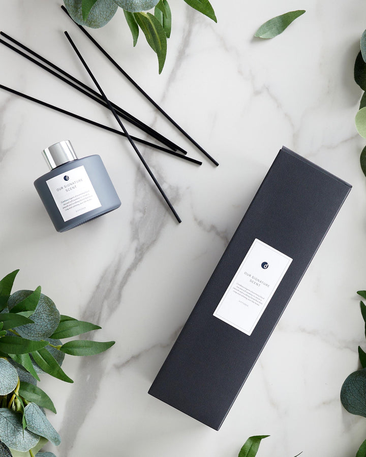 A stylish diffuser and its packaging sit on a marble surface, surrounded by artful greenery. Ideal for adding a touch of elegance.