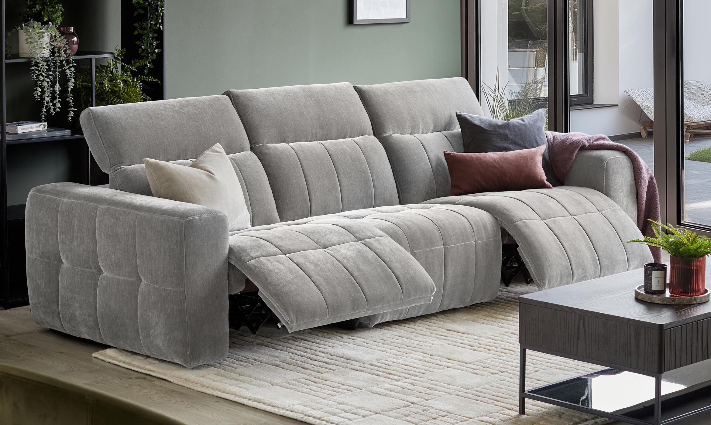 Skye light grey fabric 3 seater recliner sofa