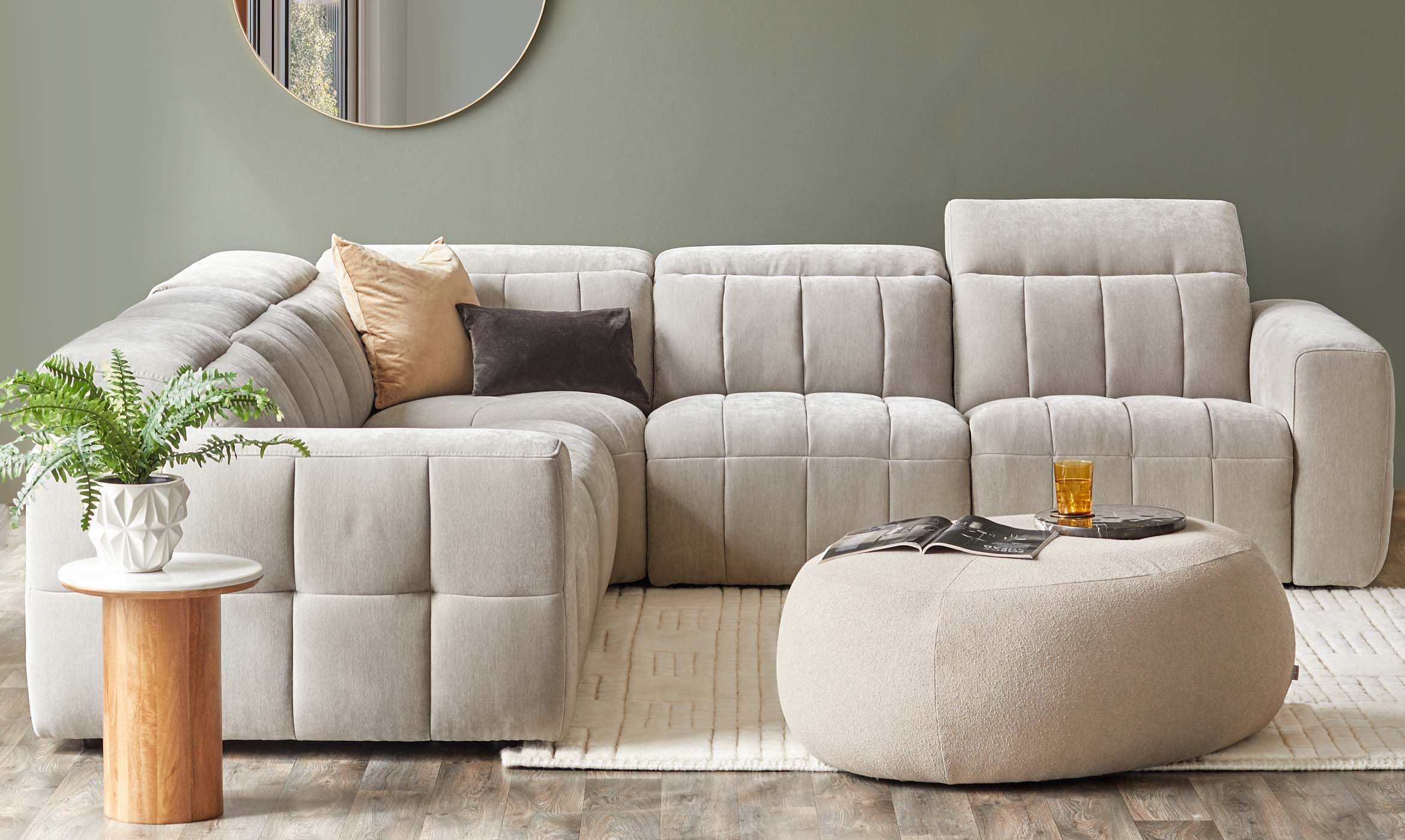 Skye light grey fabric small corner recliner sofa