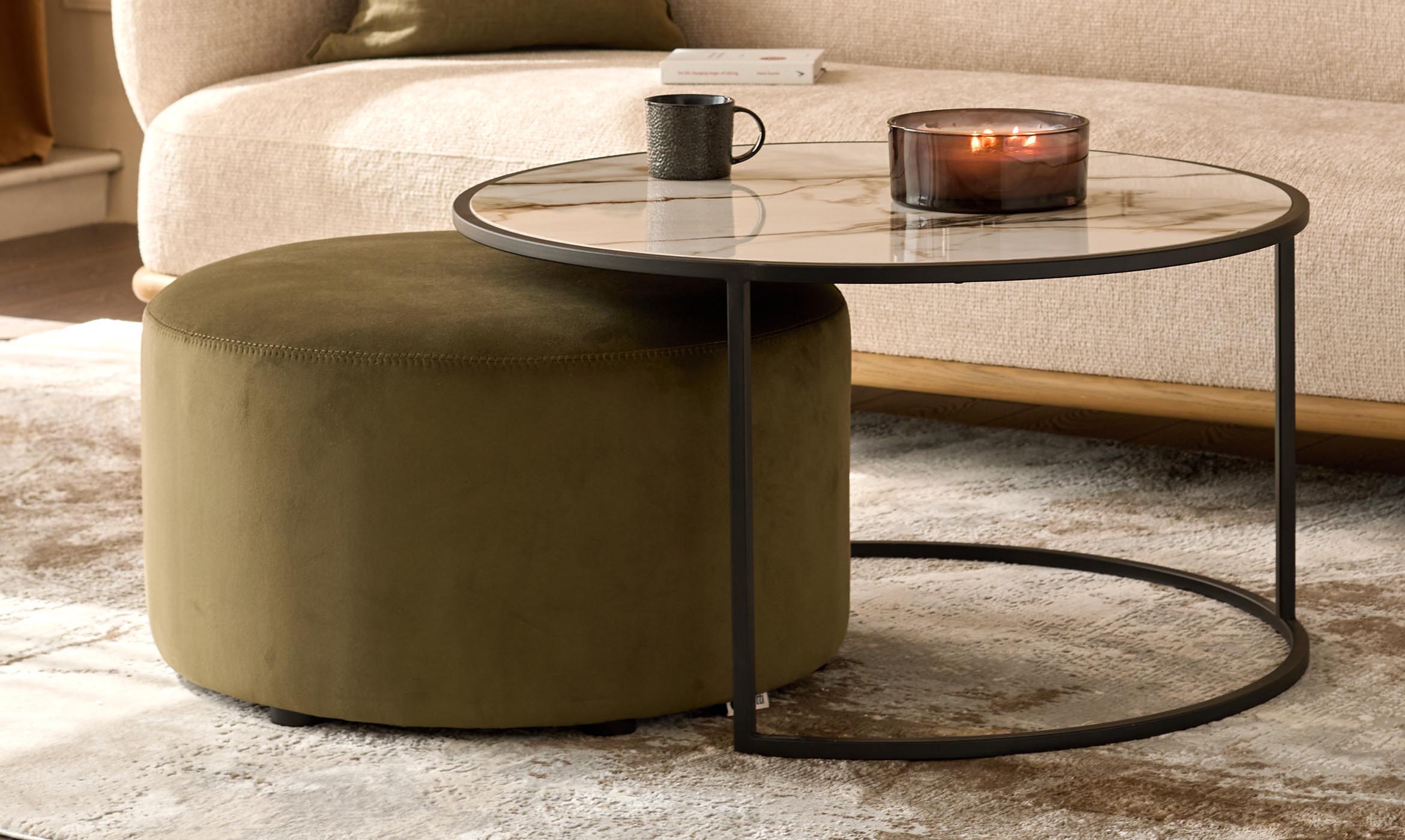 Thea natural ceramic coffee table and olive green velvet pouffe set