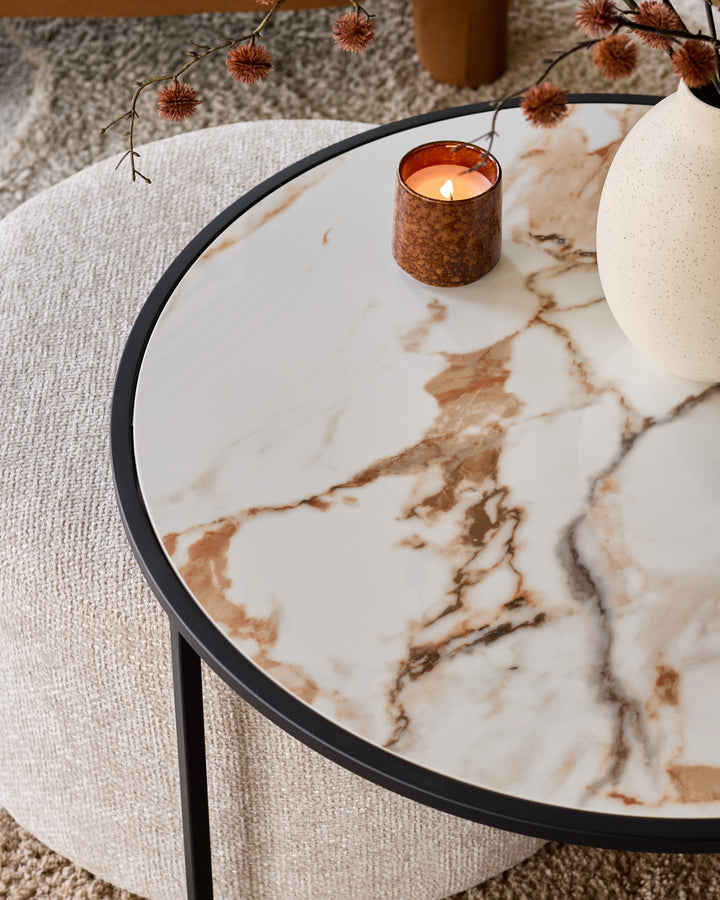 Thea natural ceramic coffee table and natural fabric pouffe set