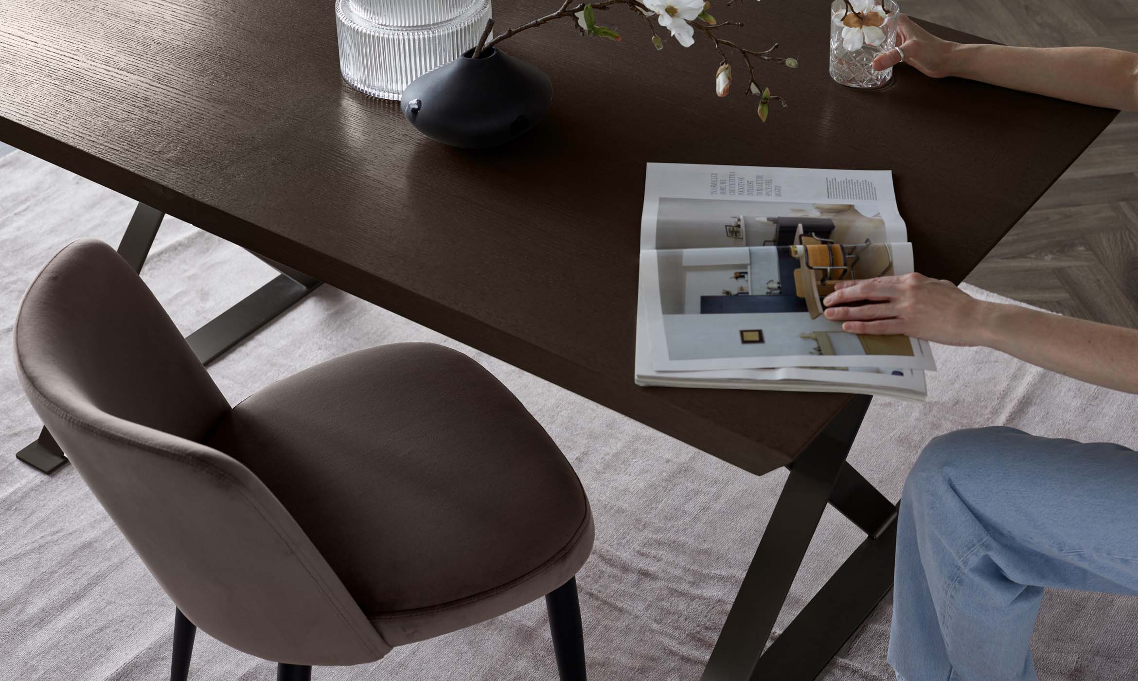 Trinny Black Metal Dining Chair in Mocha Plush Velvet