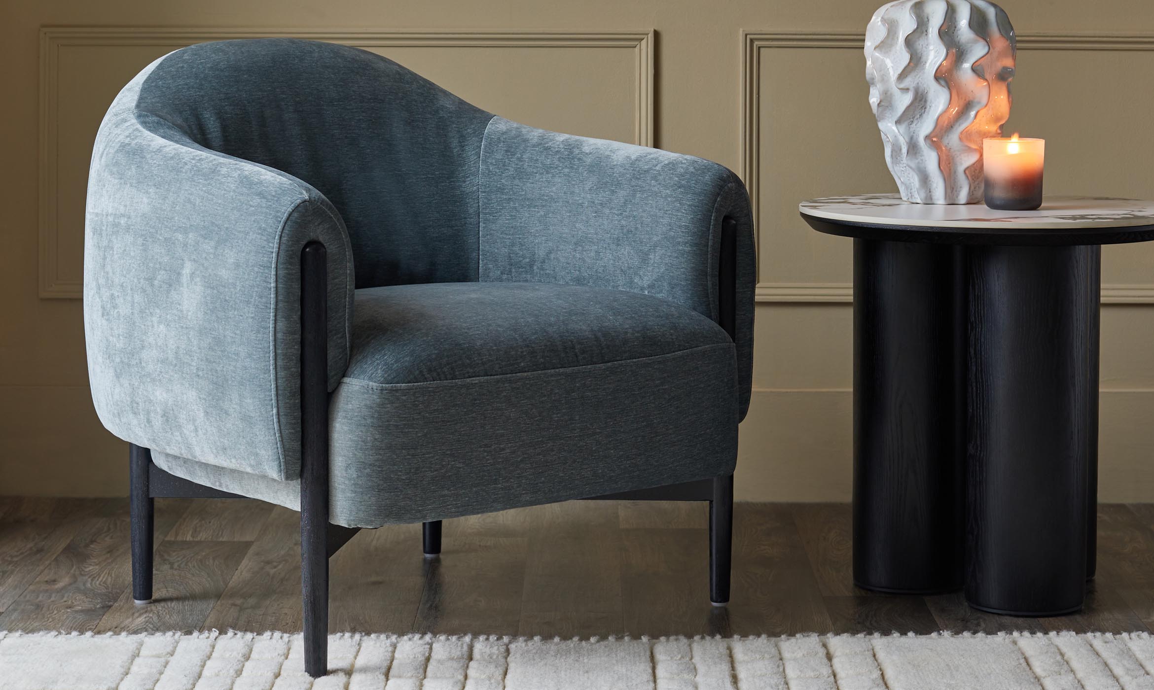 Tristan blue grey fabric accent chair with black wood
