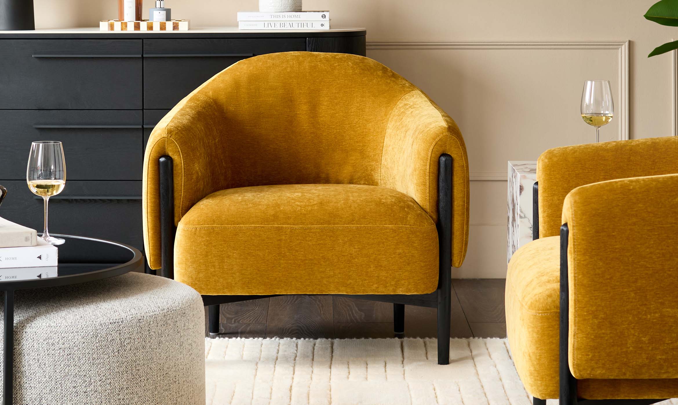 Tristan ochre fabric accent chair with black wood