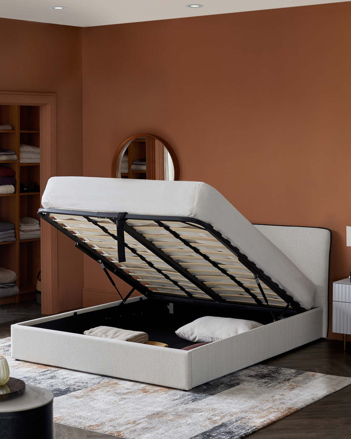 Upholstered ottoman bed in a neutral colour with mattress lifted to reveal storage. A round mirror hangs on the wall.