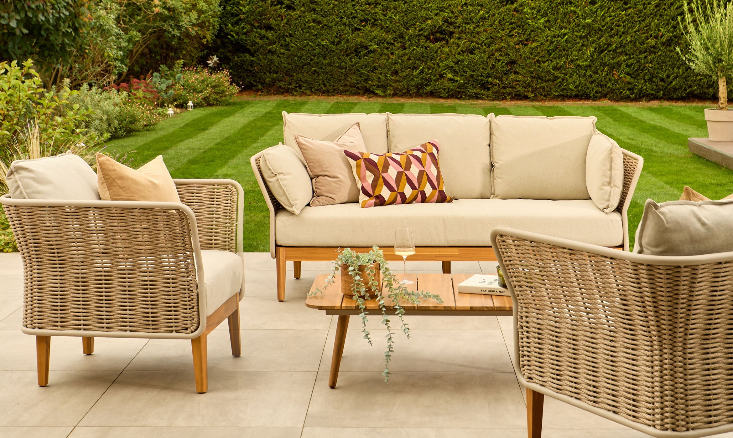 Tuscany natural garden 3 seater bench with an armchair pair and coffee table set