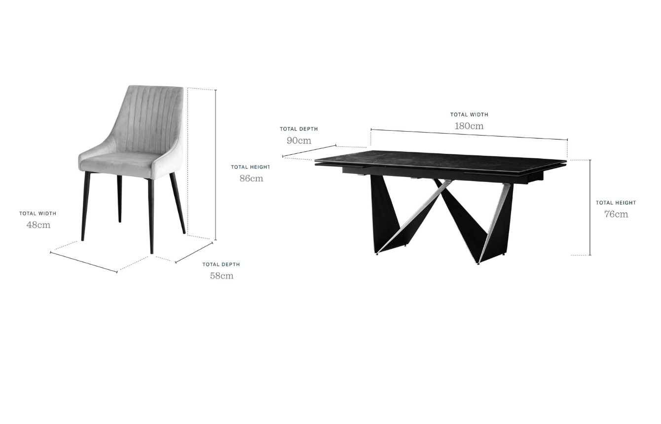 Calenzano 8-10 Seater Dark Grey Ceramic Dining Table with 8 Blakely Champagne Velvet Dining Chairs