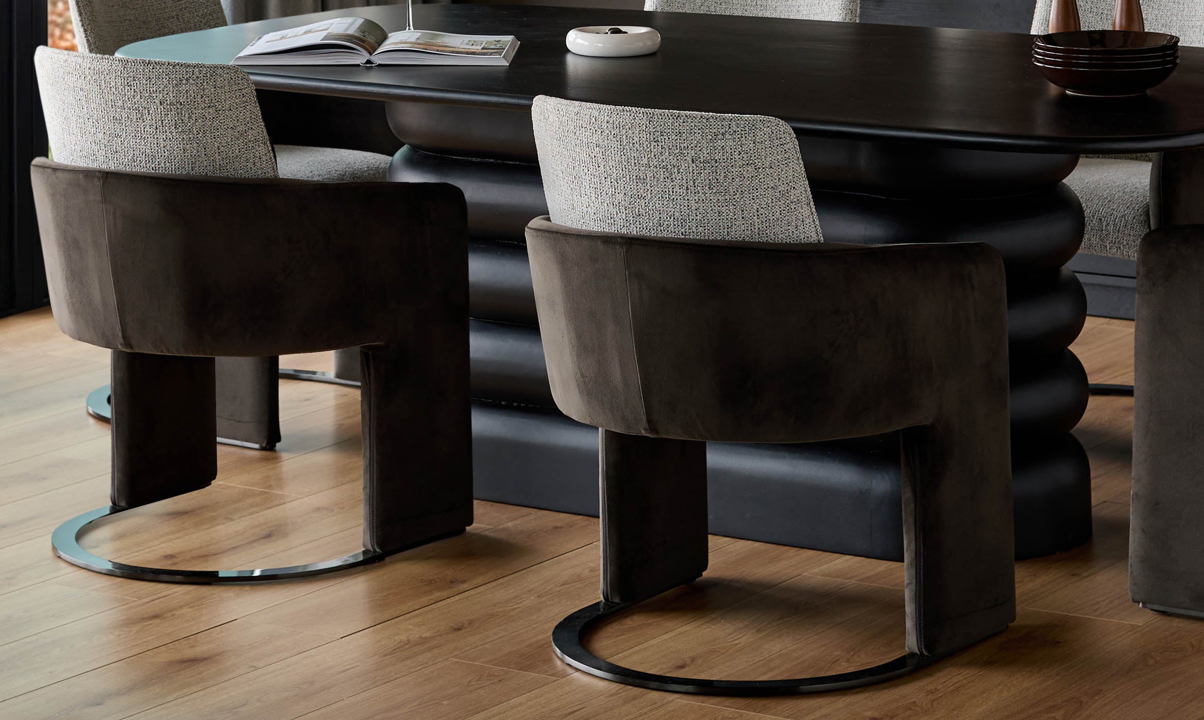 Wren grey fabric and mocha velvet black steel cantilever dining chair