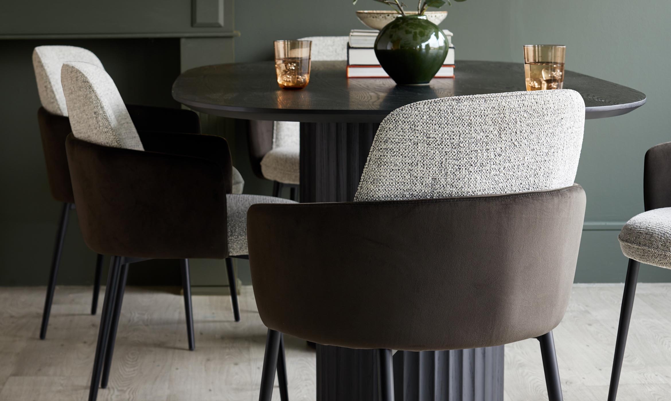 Wren grey fabric and dark chocolate velvet dining chair