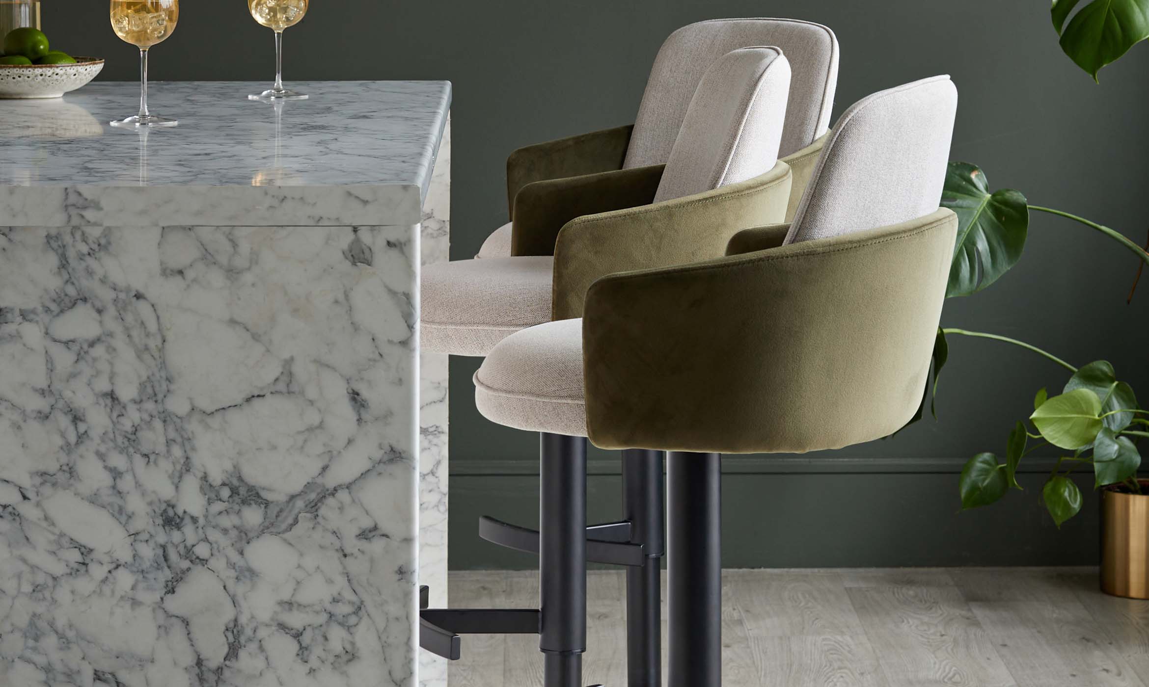 Wren natural fabric and olive green velvet gas lift bar stool