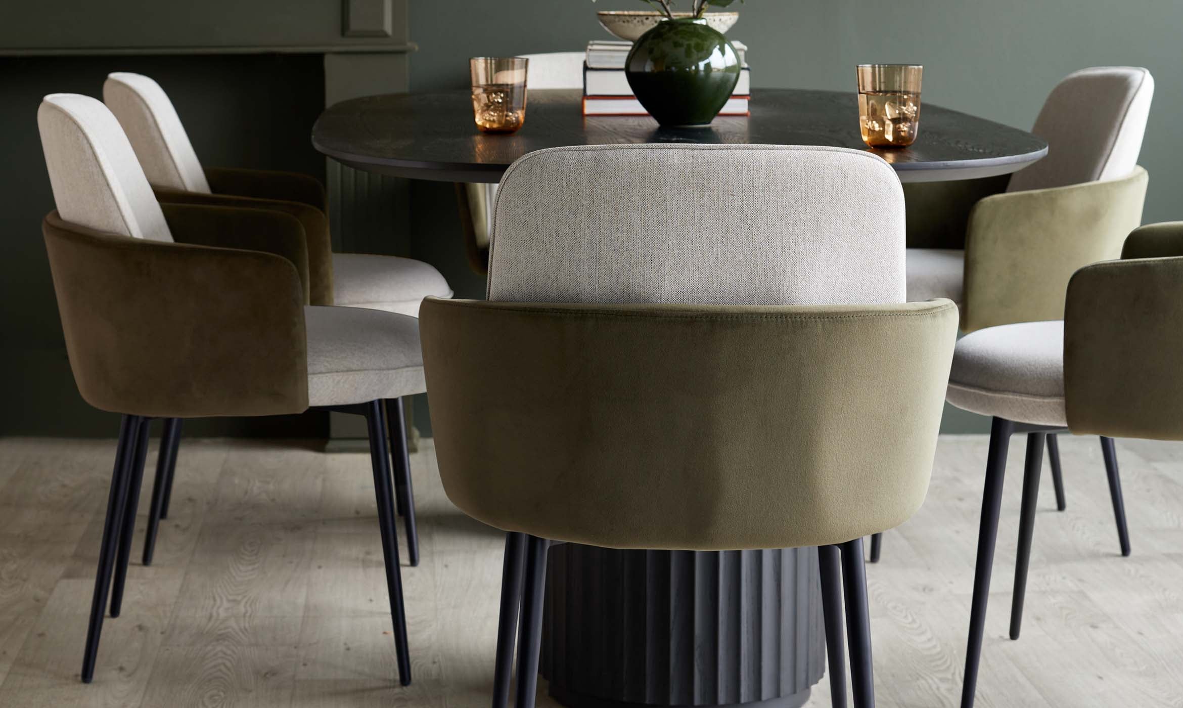 Wren natural fabric and olive green velvet dining chair