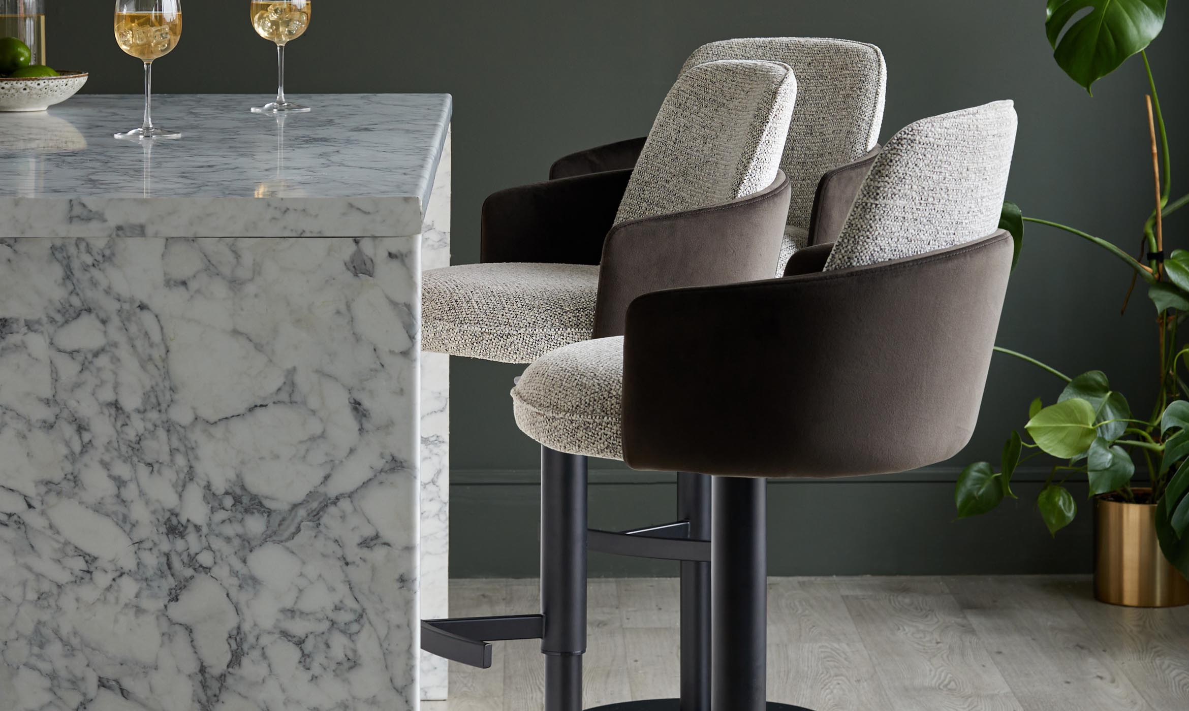 Wren grey fabric and dark chocolate velvet gas lift bar stool