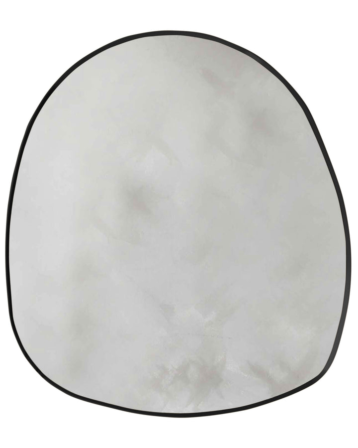 Caspian Pebble Wall Mirror with black frame, oval rounded shape, white/cream pebbled glass surface.