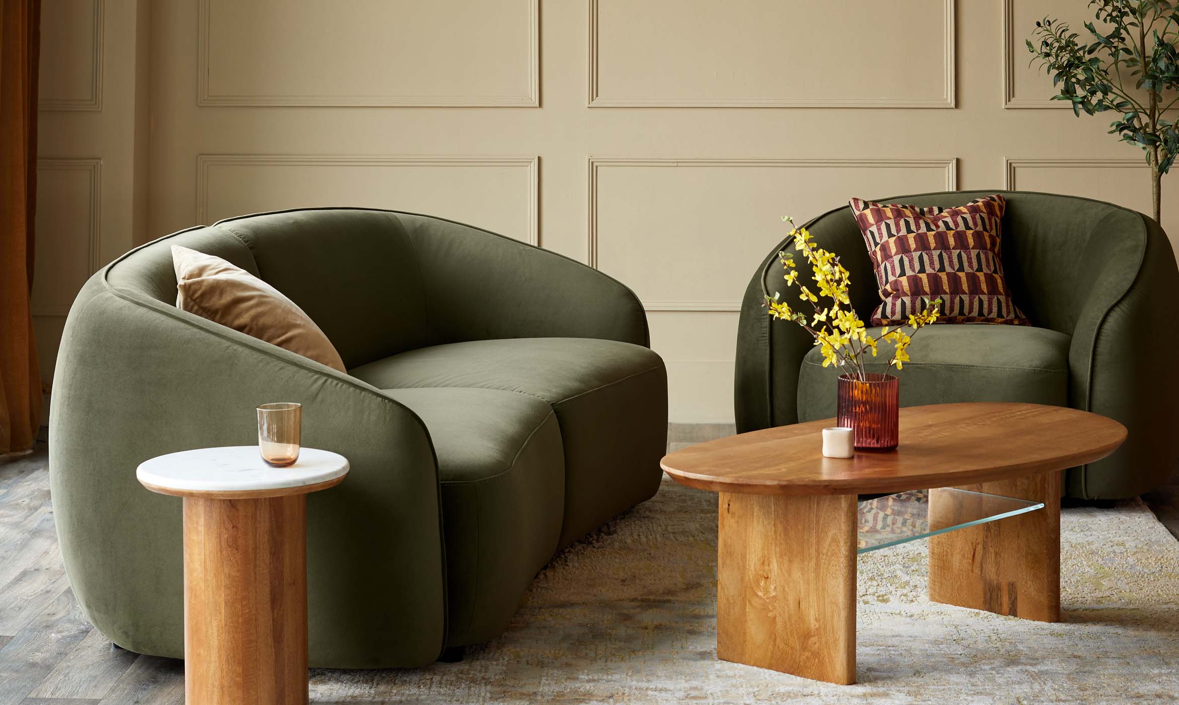 Zoey olive green velvet 3 seater sofa