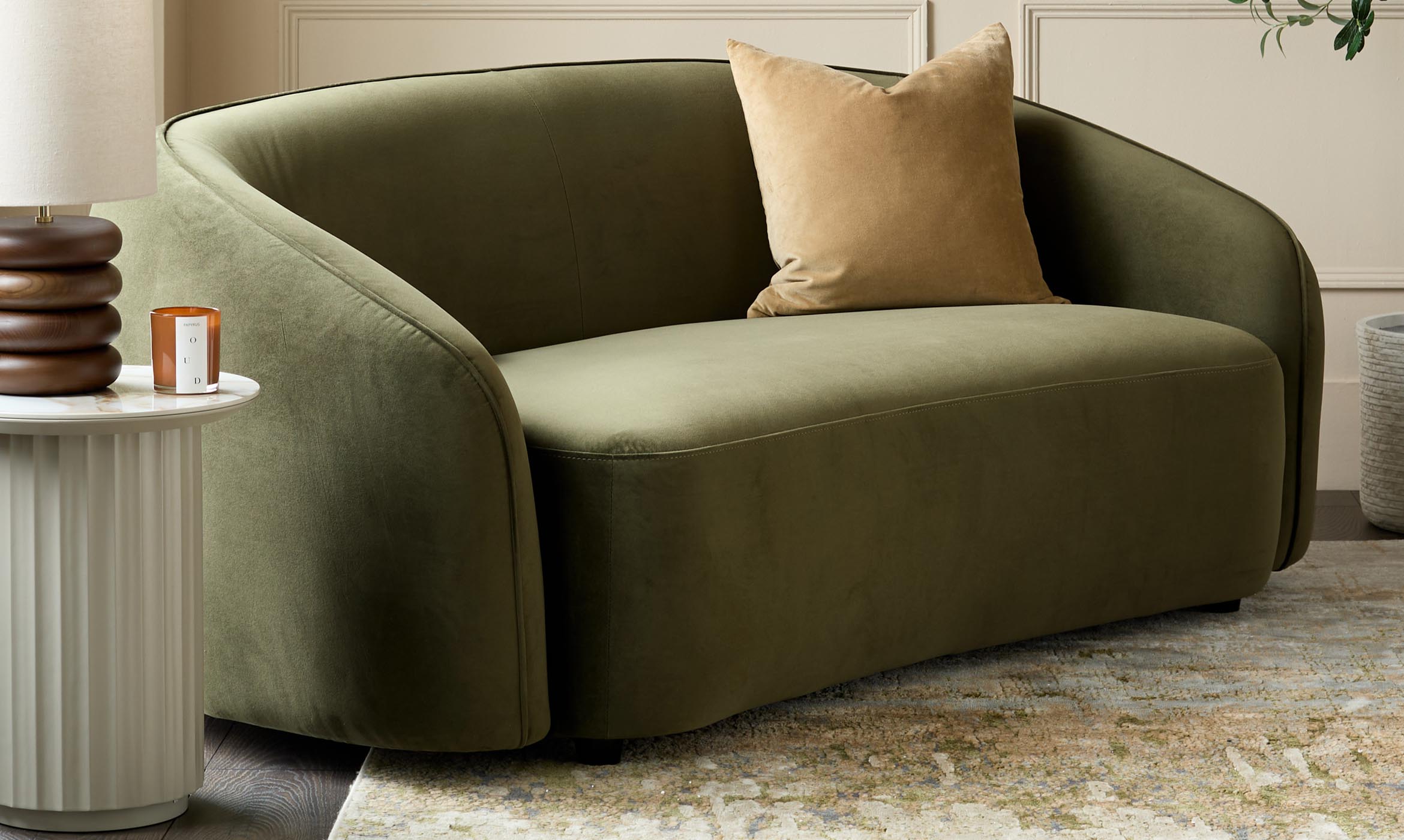 Zoey olive green velvet 2 seater sofa