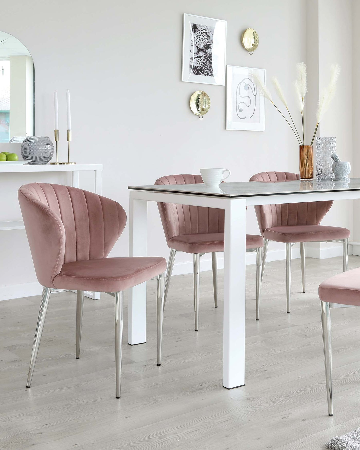 anton ceramic marble and harper pink velvet 6 seater dining set
