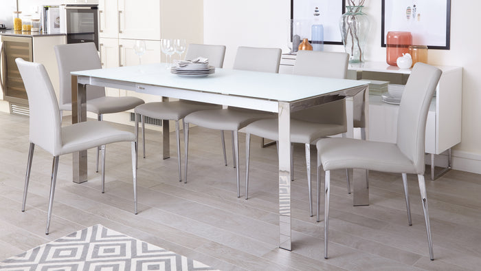eve white frosted glass with chrome and elise extending dining set