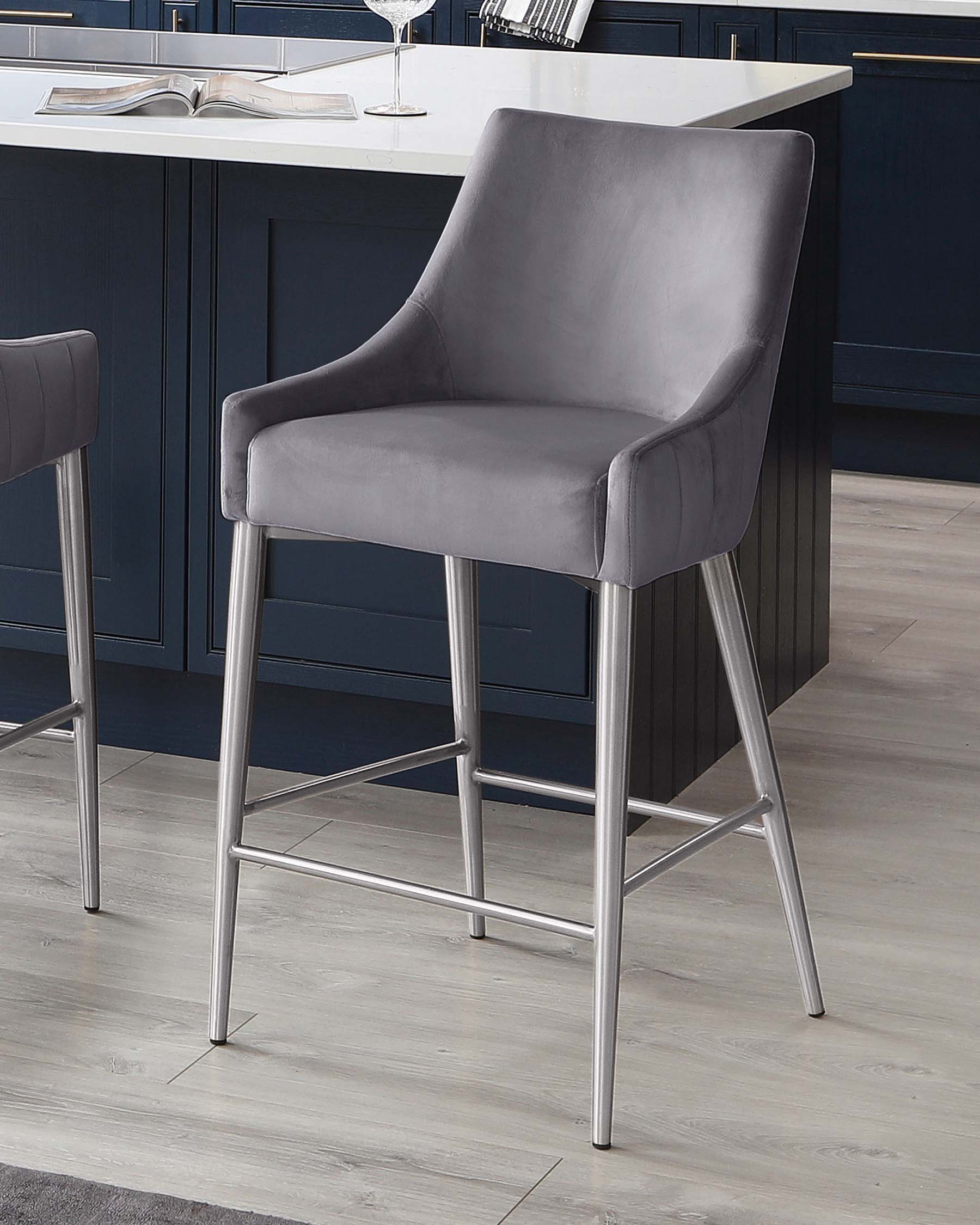 Juliana Dark Grey Velvet With Stainless Steel Bar Stool by Danetti