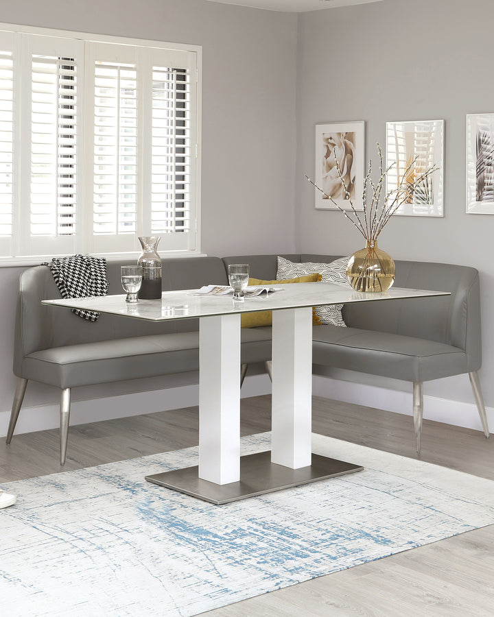 mellow 5 seater faux leather brushed stainless steel left hand corner bench mid grey
