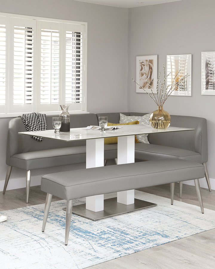 mellow 5 seater faux leather brushed stainless steel left hand corner bench mid grey