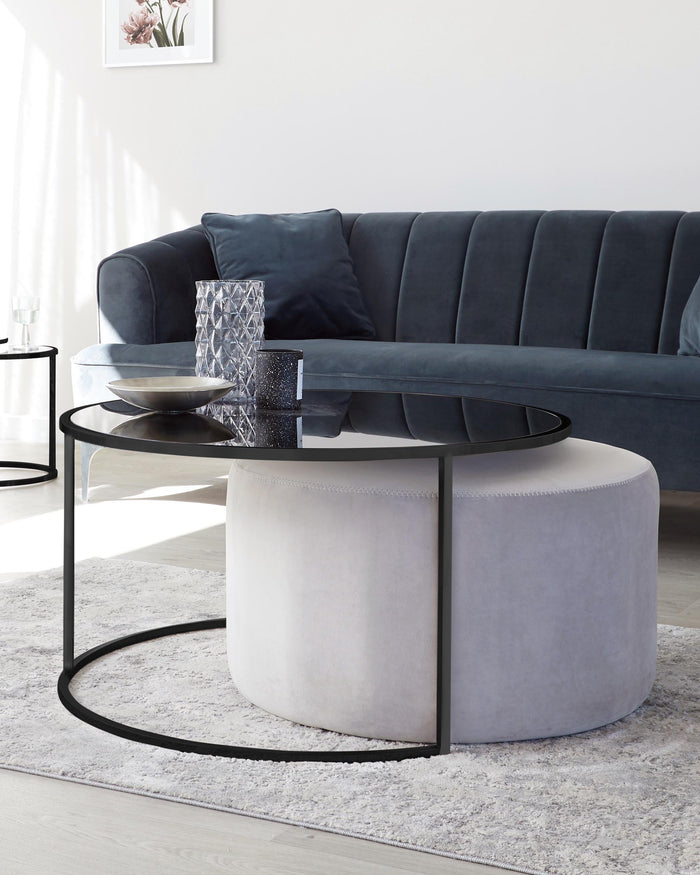 thea black round coffee table and pouffe set light grey