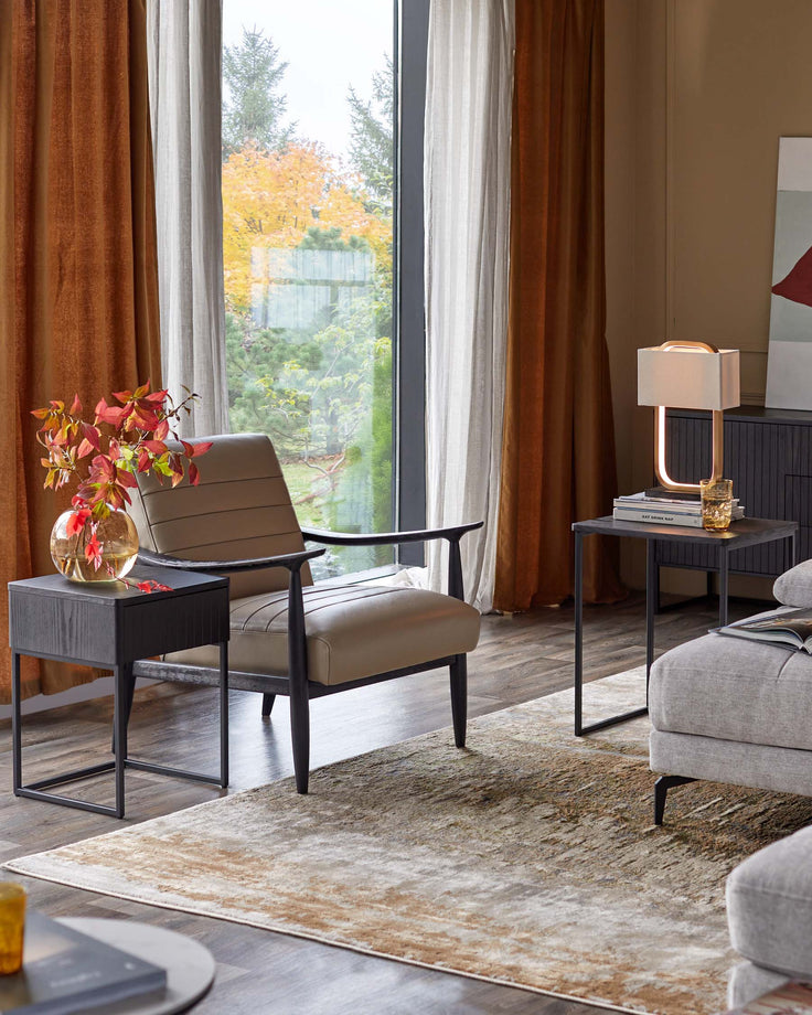 Living room with armchair, side tables, curtains and rug. Modern design.