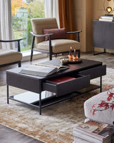 A stylish living room with a dark wood coffee table, neutral armchairs, and a sideboard with a lamp.