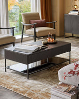 A stylish living room showcasing a coffee table, two armchairs and a sleek sideboard.