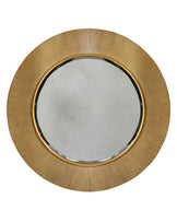 Round gold wall mirror with textured ribbed frame and black inner ring, front view.