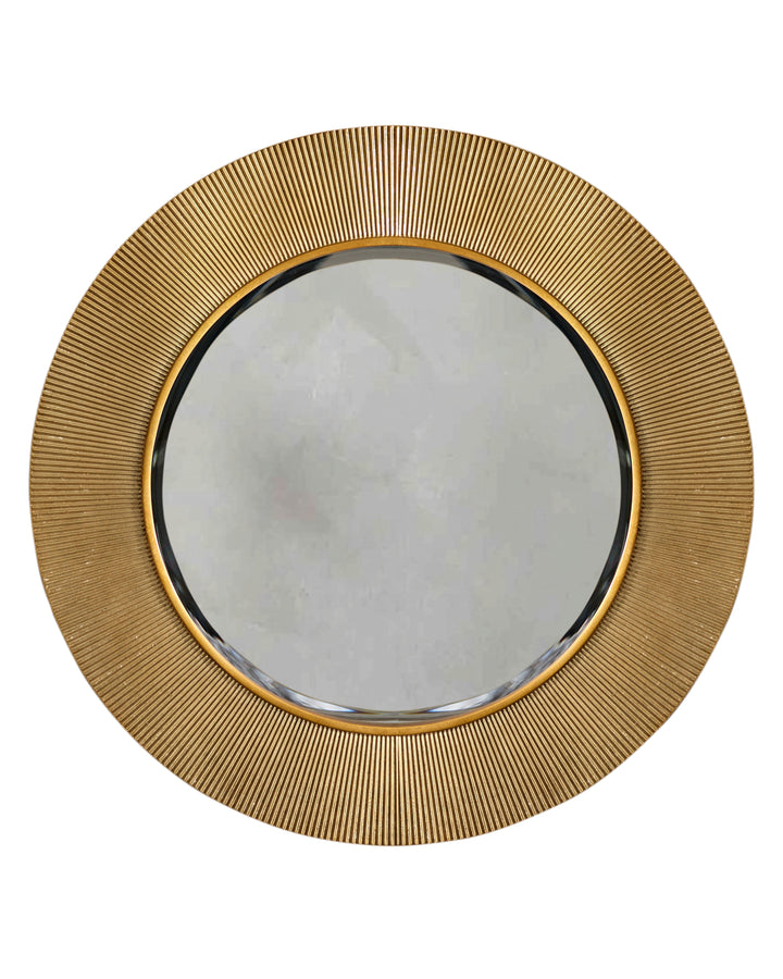 Round gold wall mirror with textured ribbed frame and black inner ring, front view.