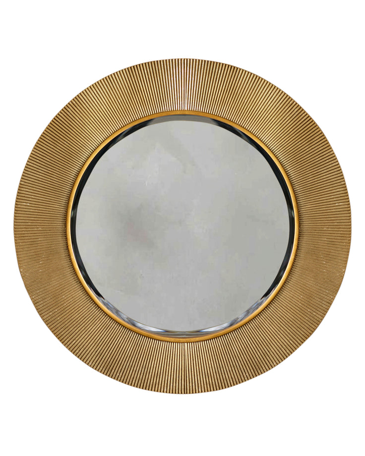 Round gold wall mirror with textured ribbed frame and black inner ring, front view.