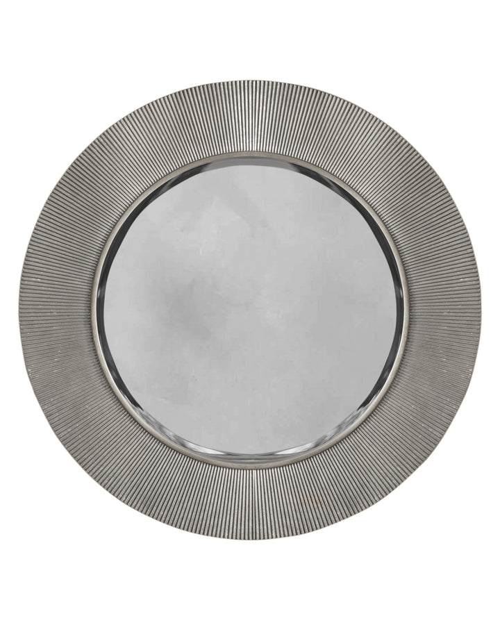 Round silver wall mirror with textured ridged frame and reflective circular glass center.