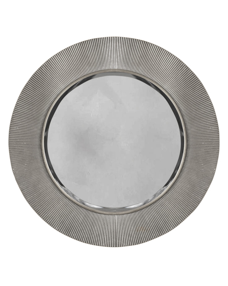 Round silver wall mirror with textured ridged frame and reflective circular glass center.