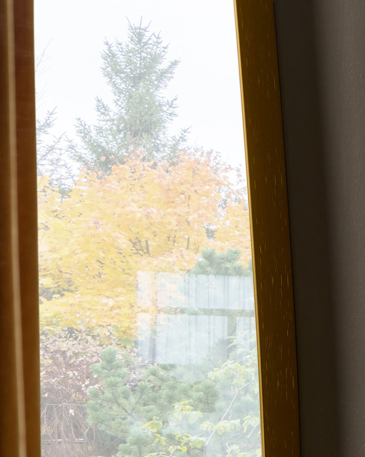 Gold full-length leaner mirror reflecting autumn garden view with trees and fence.