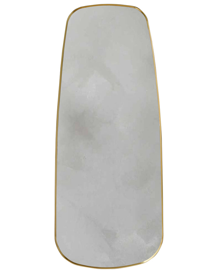 Channing full-length leaner mirror with rounded rectangular shape and brushed gold frame finish.
