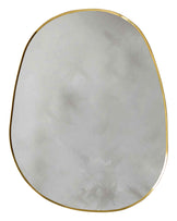 Gold-framed oval wall mirror with organic pebble shape and light reflective glass surface.