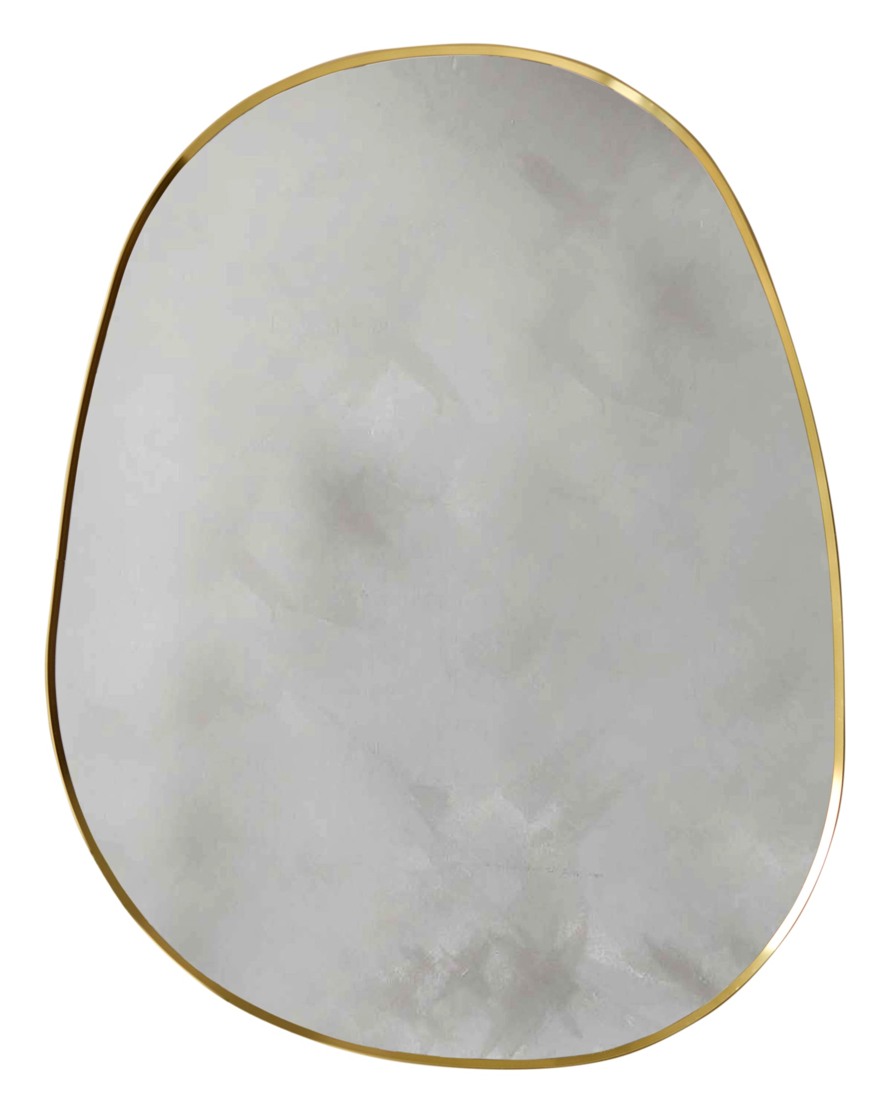 Gold-framed oval wall mirror with organic pebble shape and light reflective glass surface.