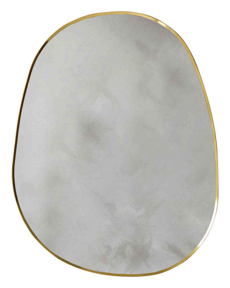 Gold-framed oval wall mirror with organic pebble shape and light reflective glass surface.
