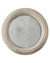 Round mirror with silver finish frame featuring concentric circular grooves and beveled edge detail.