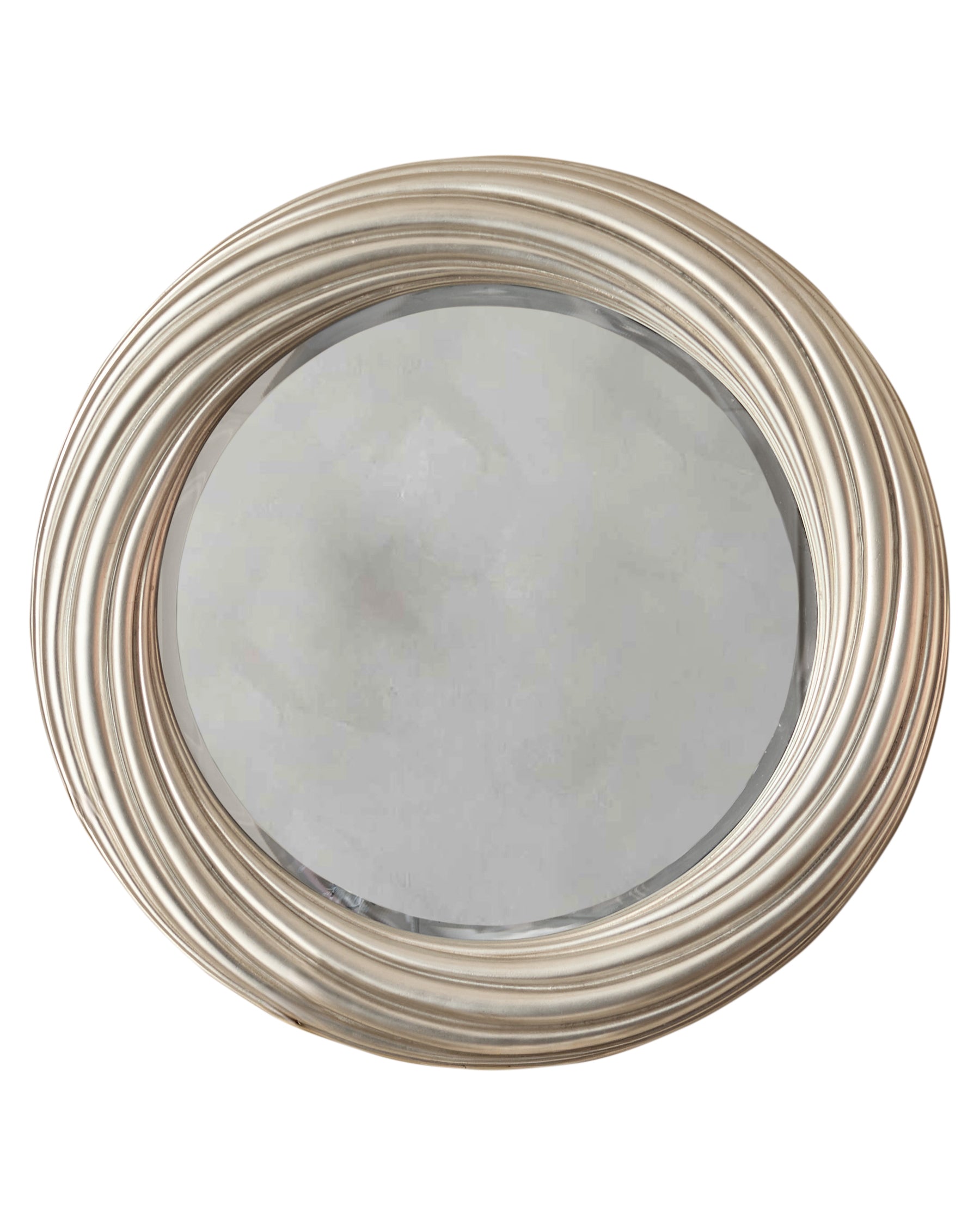 Round mirror with silver finish frame featuring concentric circular grooves and beveled edge detail.