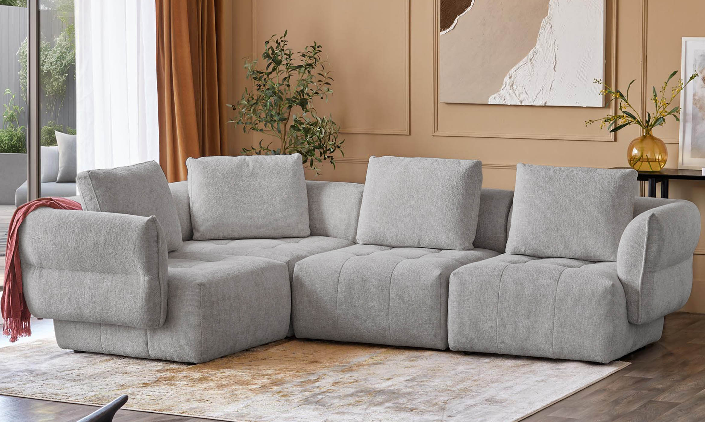 Lillian light grey fabric small corner sofa